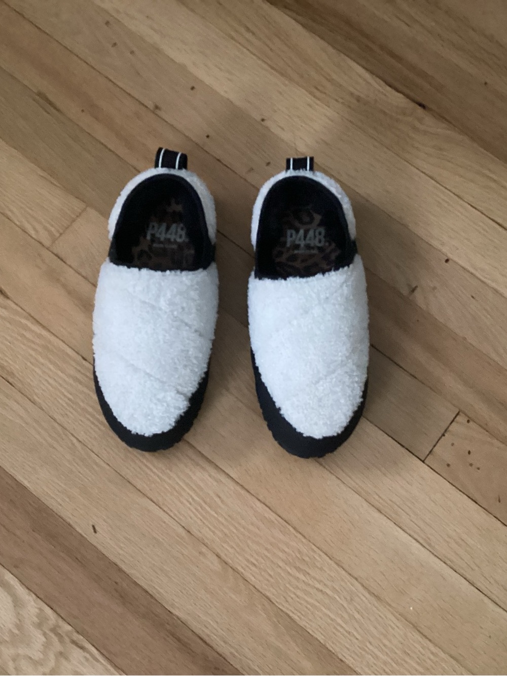 P448 Women’s White and Black Shearling Slip-On Sneakers